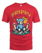 Trippy Teddy Bear Graphic Tee Psychedelic Mushroom Art - red t-shirt on white background