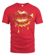 Golden Dripping Lips Graphic Tee Bold Luxury Art Style - red t-shirt on white background
