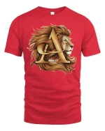 Golden Lion Letter A Graphic Tee Royal Strength Art - red t-shirt on white background