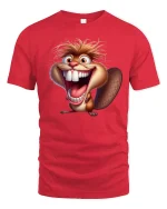 Crazy Laughing Beaver Cartoon Graphic Tee Wild Fun Art - red t-shirt on white background