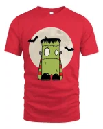 Cute Frankenstein Monster Graphic Tee Funny Spooky Cartoon - red t-shirt on white background