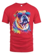 Colorful Bulldog Sunglasses Graphic Tee Cool Pop Art Style - red t-shirt on white background