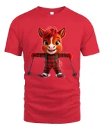 Cute Skiing Horse Graphic Tee Funny Winter Cartoon Art - red t-shirt on white background