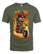 Crazy Goblin Biker Graphic Tee Wild Cartoon Motorcycle Art - military green t-shirt on white background
