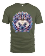 Colorful Mandala Hedgehog Graphic Tee Artistic Animal Art - military green t-shirt on white background