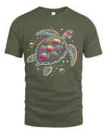 Psychedelic Sea Turtle Graphic Tee Colorful Cosmic Art - military green t-shirt on white background