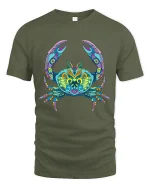 Colorful Mandala Crab Graphic Tee Vibrant Ocean Art - military green t-shirt on white background
