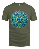 Colorful Peacock Mandala Graphic Tee Vibrant Feather Art - military green t-shirt on white background
