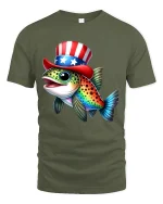 Patriotic Fish Graphic Tee Funny Uncle Sam Style Art - military green t-shirt on white background