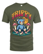 Trippy Teddy Bear Graphic Tee Psychedelic Mushroom Art - military green t-shirt on white background