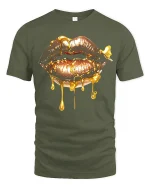 Golden Dripping Lips Graphic Tee Bold Luxury Art Style - military green t-shirt on white background