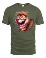 Crazy Laughing Beaver Cartoon Graphic Tee Wild Fun Art - military green t-shirt on white background