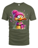 Funny Duck Graphic Tee Cute Colorful Cartoon Winter Art - military green t-shirt on white background