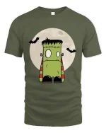 Cute Frankenstein Monster Graphic Tee Funny Spooky Cartoon - military green t-shirt on white background