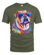 Colorful Bulldog Sunglasses Graphic Tee Cool Pop Art Style - military green t-shirt on white background