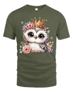 Cute Owl Princess Graphic Tee Adorable Crowned Animal Art - military green t-shirt on white background