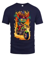 Crazy Goblin Biker Graphic Tee Wild Cartoon Motorcycle Art - navy t-shirt on white background