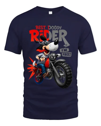 Funny Dog Biker Graphic Tee Best Doggy Rider Cartoon Art - navy t-shirt on white background