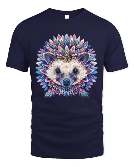 Colorful Mandala Hedgehog Graphic Tee Artistic Animal Art - navy t-shirt on white background