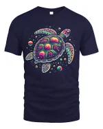 Psychedelic Sea Turtle Graphic Tee Colorful Cosmic Art - navy t-shirt on white background
