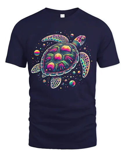 Psychedelic Sea Turtle Graphic Tee Colorful Cosmic Art - navy t-shirt on white background