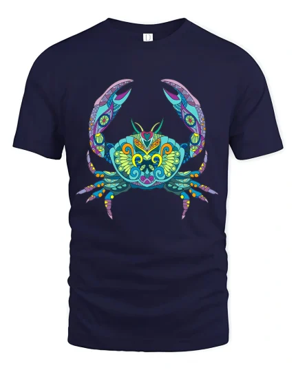 Colorful Mandala Crab Graphic Tee Vibrant Ocean Art - navy t-shirt on white background