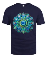 Colorful Peacock Mandala Graphic Tee Vibrant Feather Art - navy t-shirt on white background