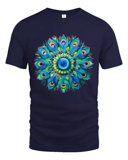 Colorful Peacock Mandala Graphic Tee Vibrant Feather Art - navy t-shirt on white background