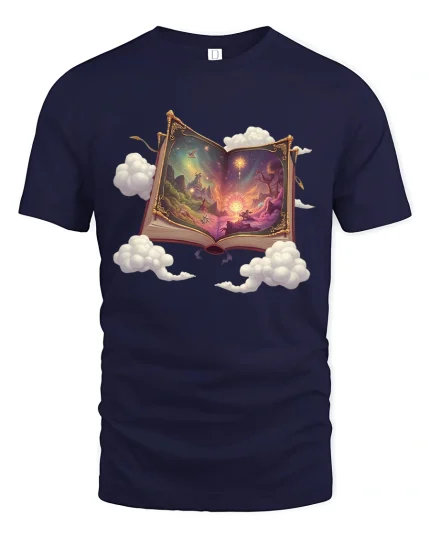 Magical Fantasy Book Graphic Tee Dreamy Story Art - navy t-shirt on white background