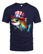 Patriotic Fish Graphic Tee Funny Uncle Sam Style Art - navy t-shirt on white background