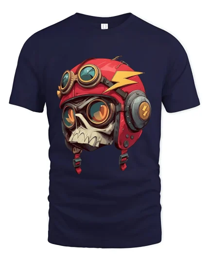 Skull Aviator Helmet Graphic Tee Bold Biker Pilot Art - navy t-shirt on white background