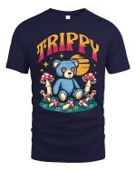 Trippy Teddy Bear Graphic Tee Psychedelic Mushroom Art - navy t-shirt on white background