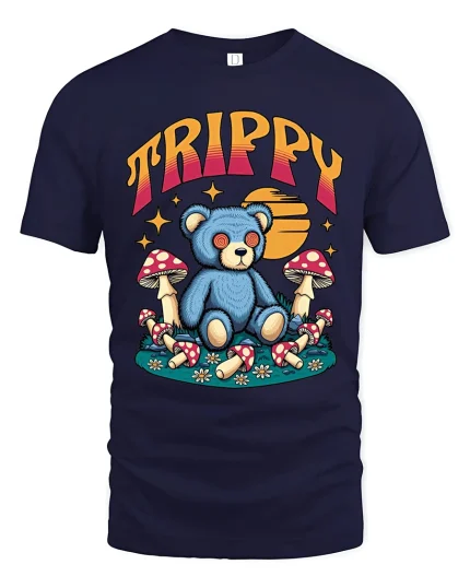 Trippy Teddy Bear Graphic Tee Psychedelic Mushroom Art - navy t-shirt on white background