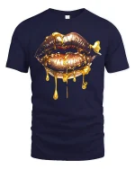 Golden Dripping Lips Graphic Tee Bold Luxury Art Style - navy t-shirt on white background