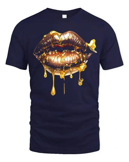 Golden Dripping Lips Graphic Tee Bold Luxury Art Style - navy t-shirt on white background