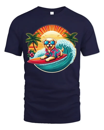 Surfing Dog Graphic Tee Tropical Beach Wave Cartoon Art - navy t-shirt on white background