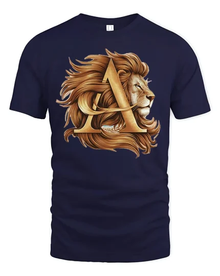 Golden Lion Letter A Graphic Tee Royal Strength Art - navy t-shirt on white background
