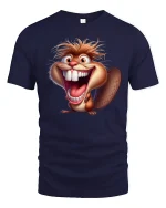 Crazy Laughing Beaver Cartoon Graphic Tee Wild Fun Art - navy t-shirt on white background