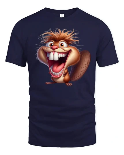 Crazy Laughing Beaver Cartoon Graphic Tee Wild Fun Art - navy t-shirt on white background