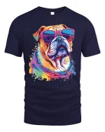 Colorful Bulldog Sunglasses Graphic Tee Cool Pop Art Style - navy t-shirt on white background