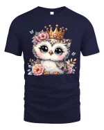 Cute Owl Princess Graphic Tee Adorable Crowned Animal Art - navy t-shirt on white background