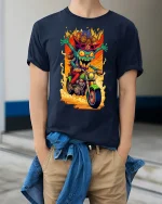 Crazy Goblin Biker Graphic Tee Wild Cartoon Motorcycle Art - model wearing navy tee with hands in pockets