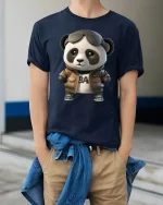 Cool Panda Aviator Graphic Tee Cute Stylish Cartoon Art - model wearing navy tee with hands in pockets
