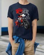 Funny Dog Biker Graphic Tee Best Doggy Rider Cartoon Art - model wearing navy tee with hands in pockets