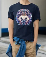Colorful Mandala Hedgehog Graphic Tee Artistic Animal Art - model wearing navy tee with hands in pockets