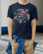 Psychedelic Sea Turtle Graphic Tee Colorful Cosmic Art - model wearing navy tee with hands in pockets