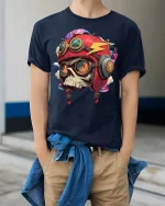 Skull Aviator Helmet Graphic Tee Bold Biker Pilot Art - model wearing navy tee with hands in pockets