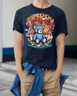 Trippy Teddy Bear Graphic Tee Psychedelic Mushroom Art - model wearing navy tee with hands in pockets
