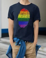 Rainbow Fingerprint Graphic Tee Colorful Identity Art - model wearing navy tee with hands in pockets
