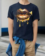 Golden Dripping Lips Graphic Tee Bold Luxury Art Style - model wearing navy tee with hands in pockets